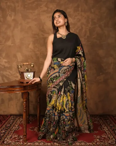 Black Mul Silk Deep Black Kalamkari Artwork Saree